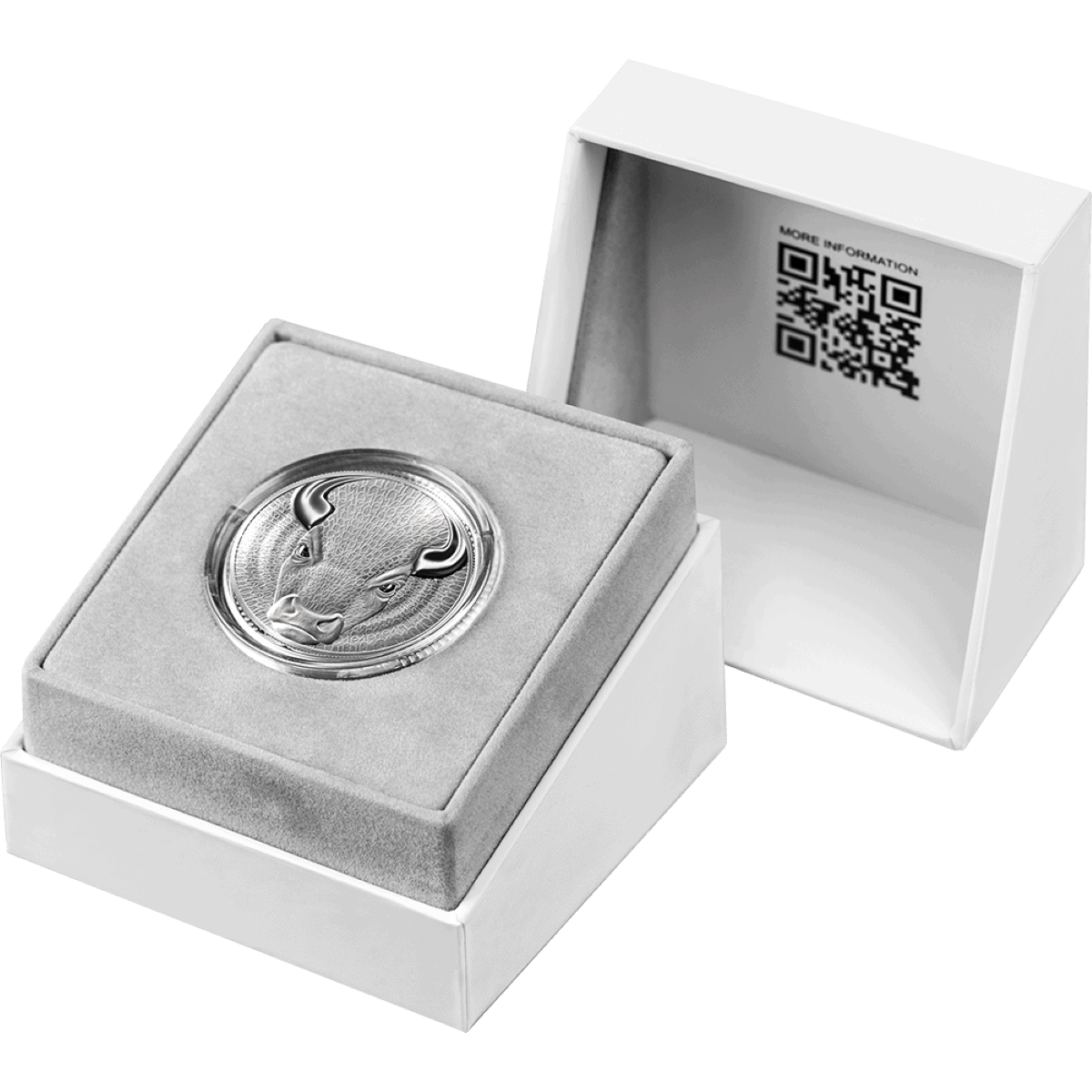 2026 United States Crypto Binary World Bull 1 oz Silver Proof Coin, open GR Reserve box, angled view, minted in 202.