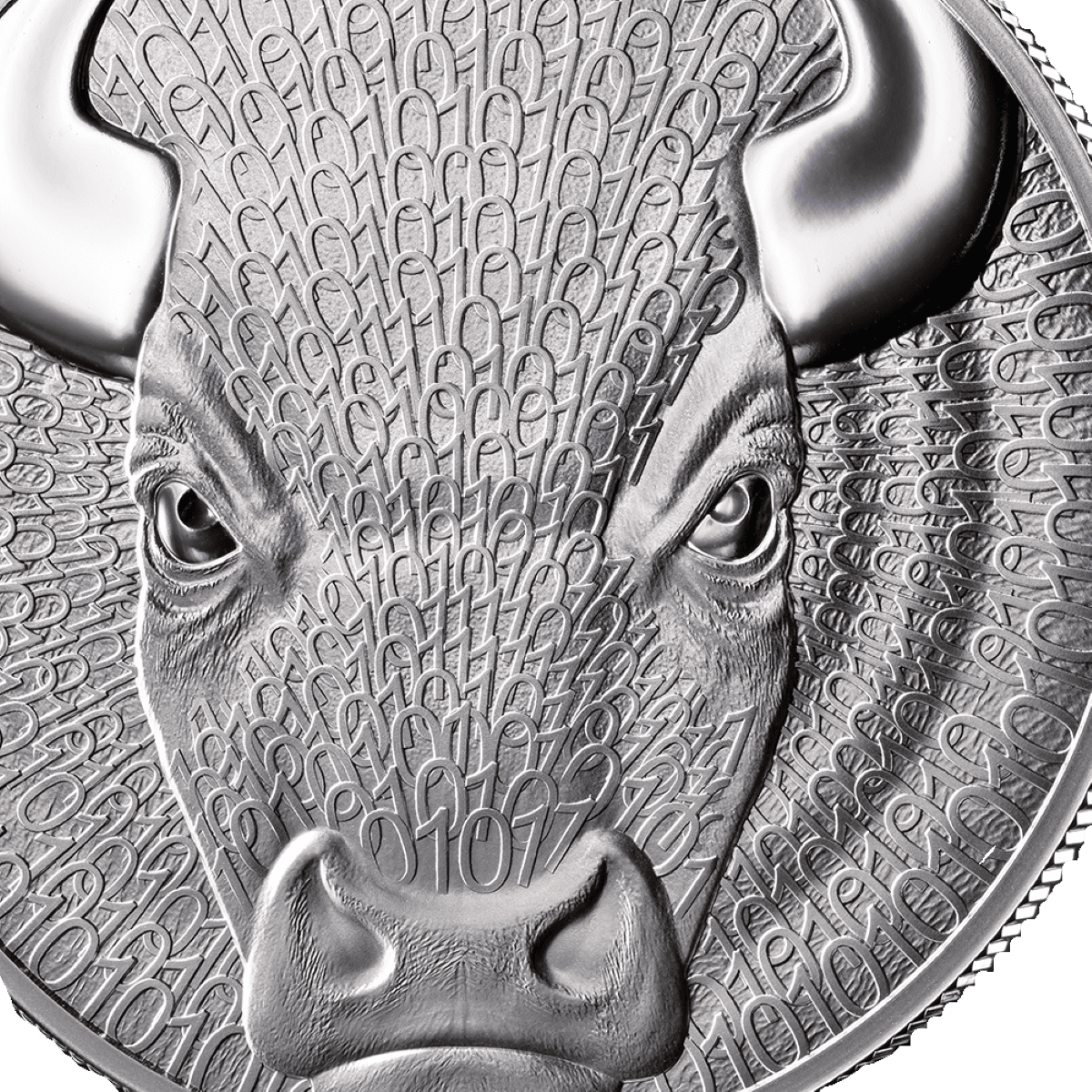 Shiny silver coin featuring a detailed close-up of a bison's face, 2026, minted in the USA, 1 oz weight, with a mod.