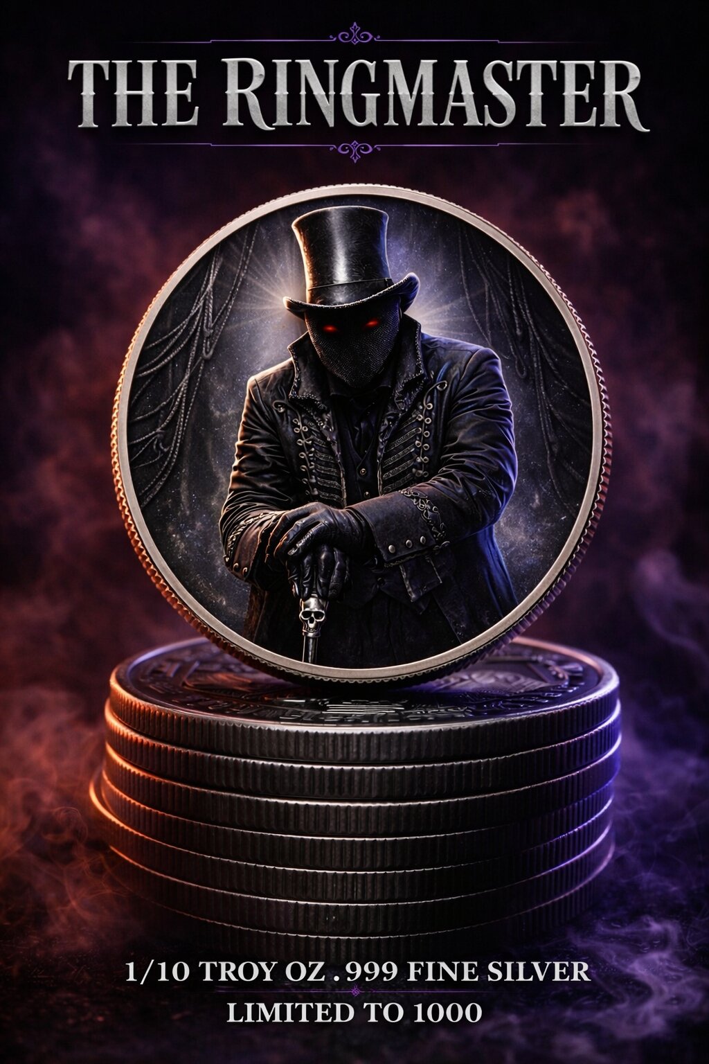 Intriguing side angle of the 2026 United States Midnight Circus The Ringmaster .10 oz Silver Colorized Coin, minted.