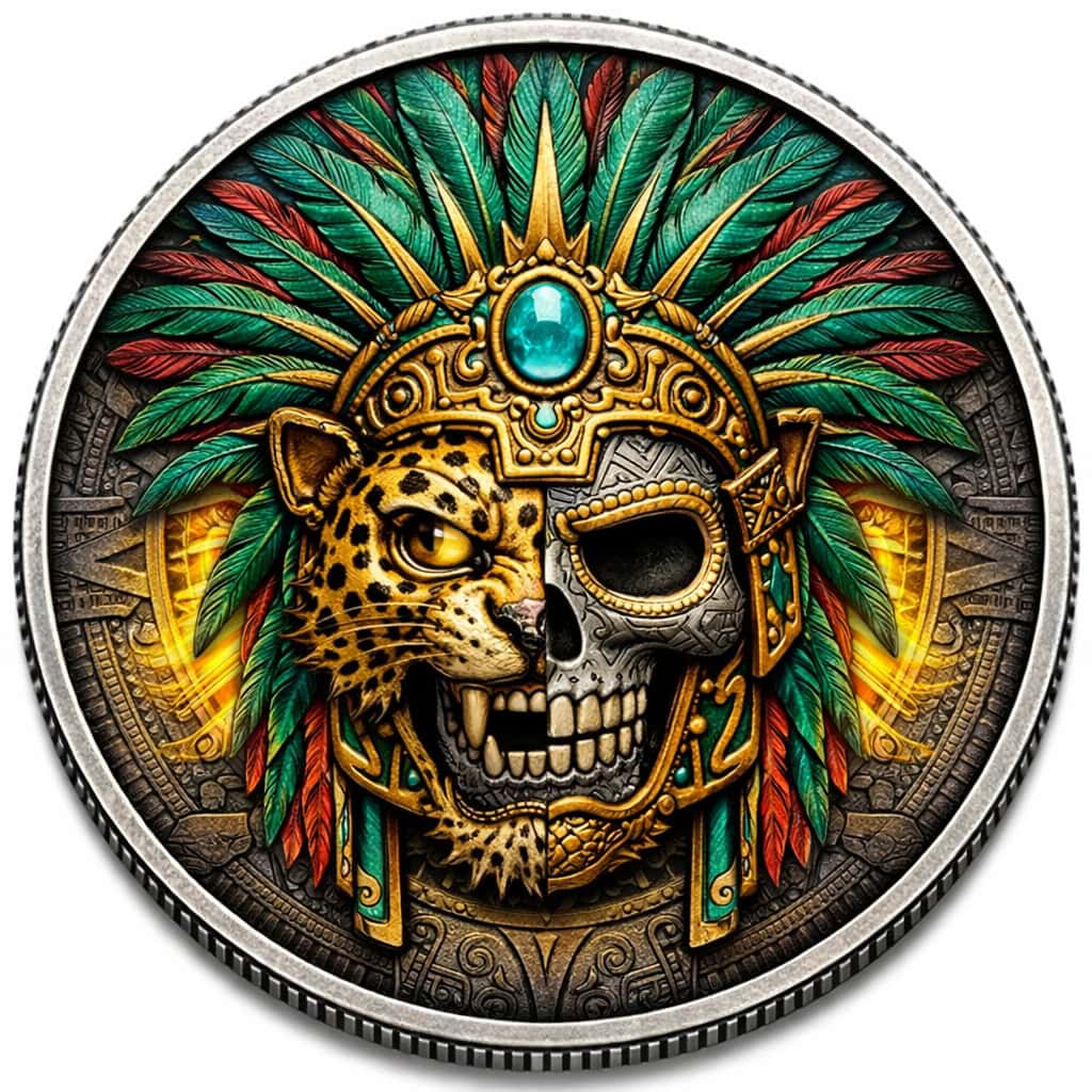 Intricate 2026 U.S. Undead Aztec silver coin, 0.10 oz, colorized, minted by the U.S. Reserve, showcasing a striking.
