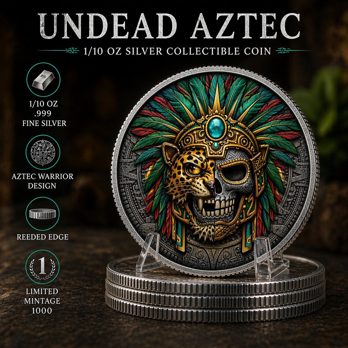 Intricate 2026 U.S. Undead Aztec silver coin, 0.10 oz, minted by the U.S. Mint, featuring vibrant colorization and.