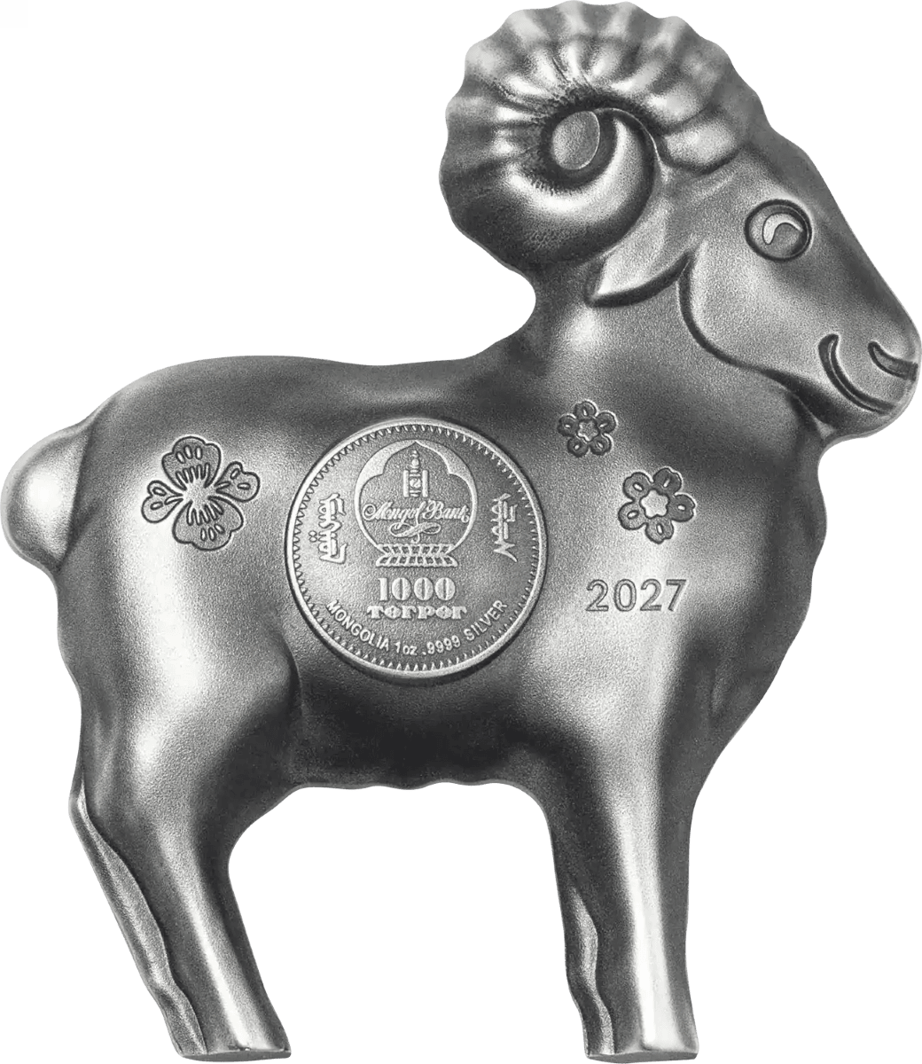 Shiny silver sheep coin, 2027 Mongolia Lunar Year, minted by GR Reserve, 1 oz weight, detailed artistic design from.