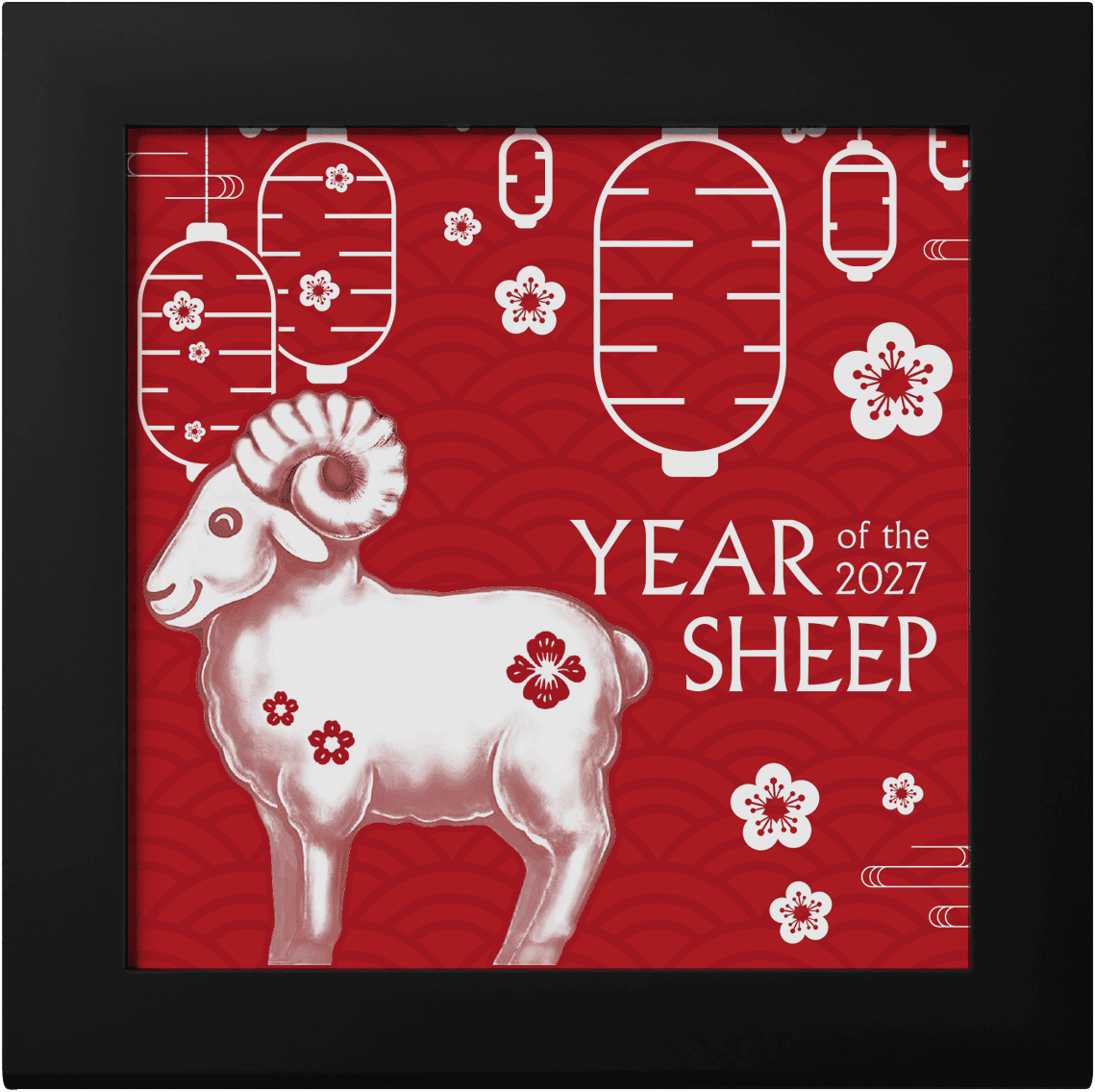 Mongolia 2027 Lunar Year Silver Sheep coin, 1 oz, minted by GR, angled view, featuring festive sheep and lanterns.