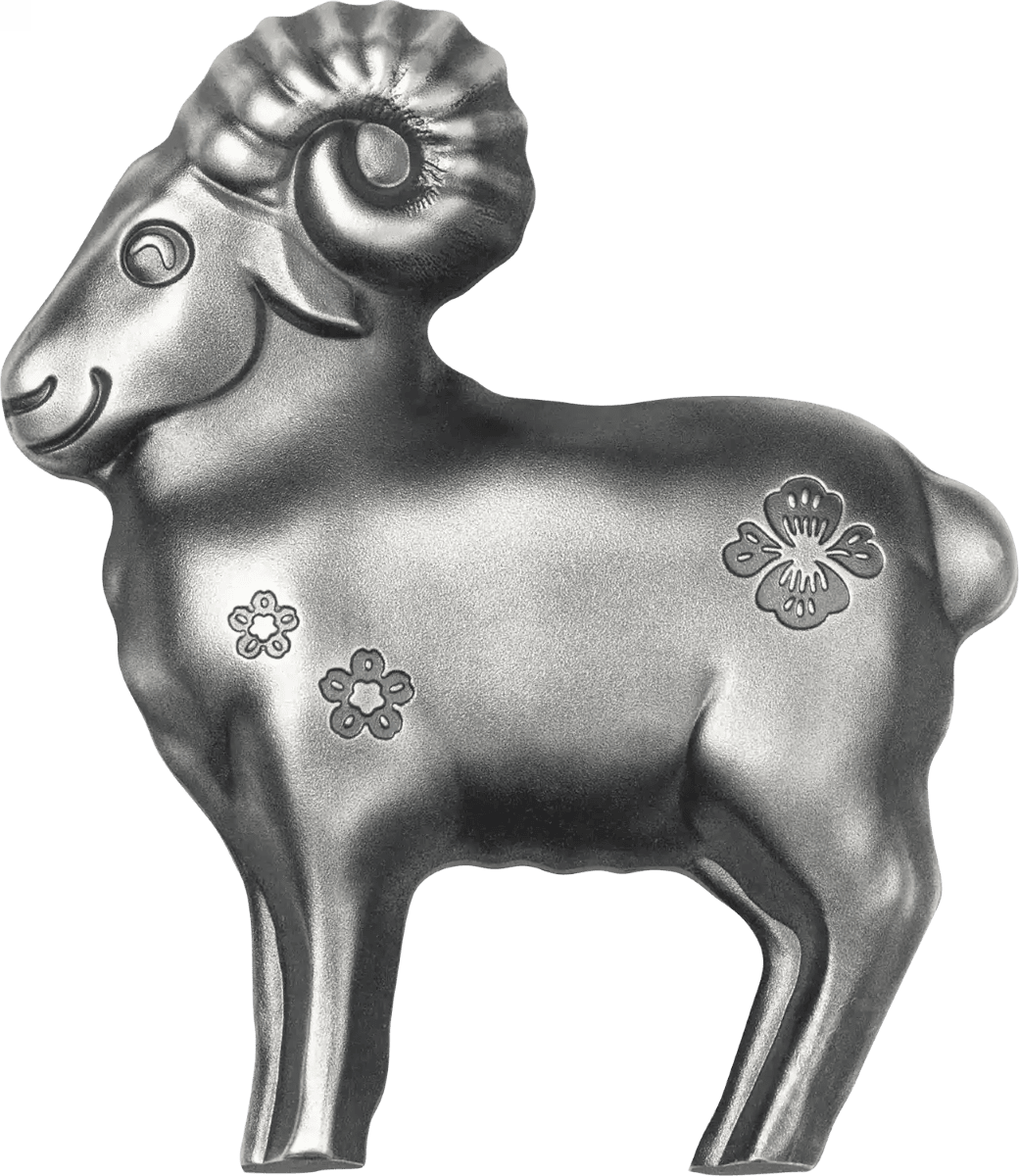Silver sheep coin, front angle, 2027 Mongolia Lunar Year Collection, minted by GR Reserve, 1 oz weight, festive the.