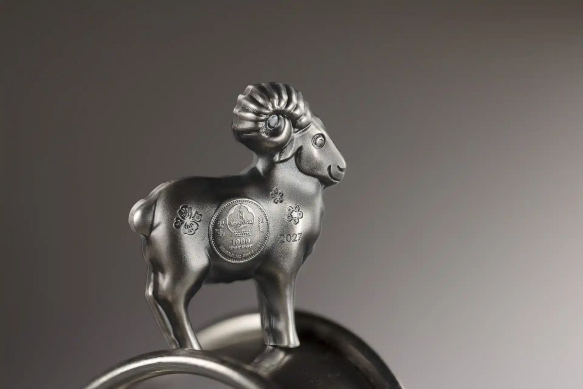 Shiny silver sheep figurine from the 2027 Mongolia Lunar Year Collection, 1 oz silver coin, minted by GR Reserve, c.