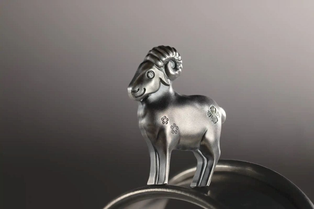 Silver sheep coin from 2027 Mongolia Lunar Year, minted by GR Reserve, 1 oz, featuring a fluffy sheep design, perfe.
