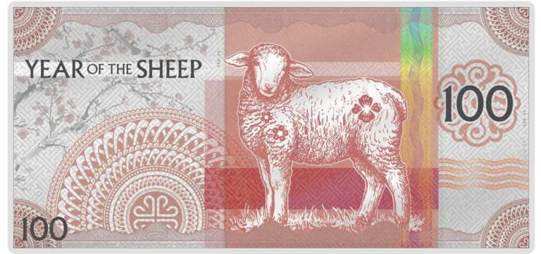 Bright angle view of the 2027 Mongolia Lunar Year Sheep 5 Gram Silver Colorized Note, minted by GR Reserve, showcas.