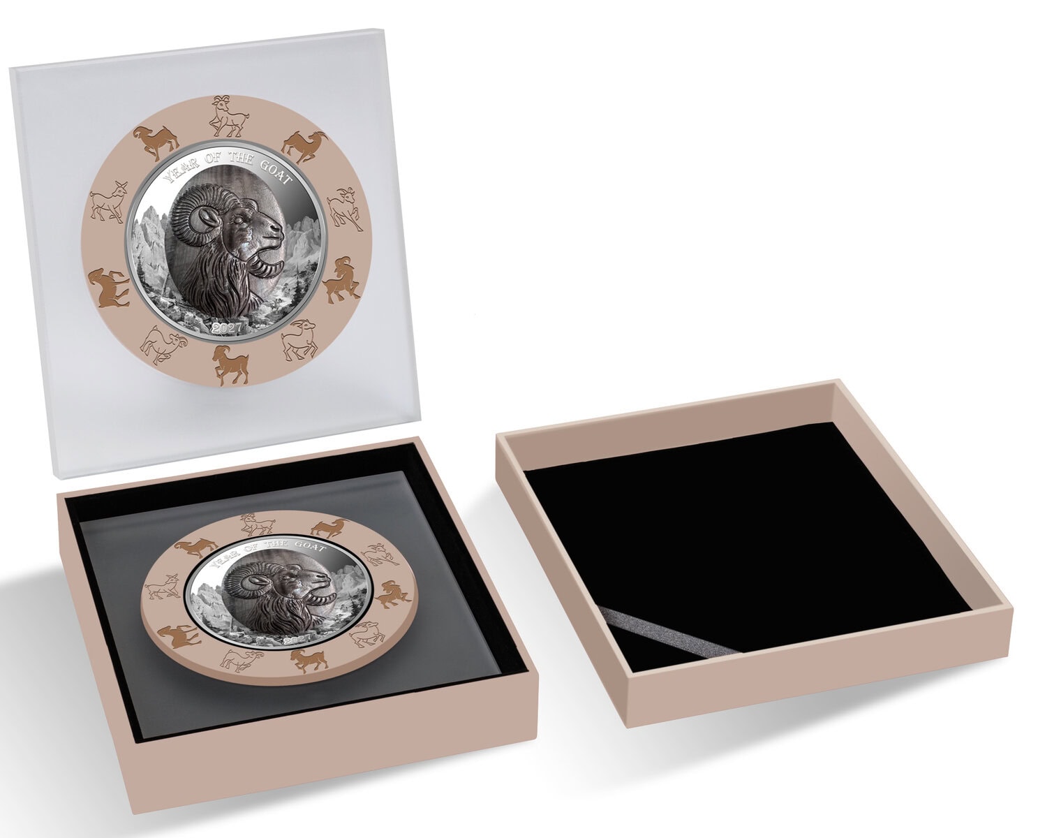 Silver proof coin from 2027 Solomon Islands, featuring the Year of the Goat, 5 oz weight, minted by GR, with mother.
