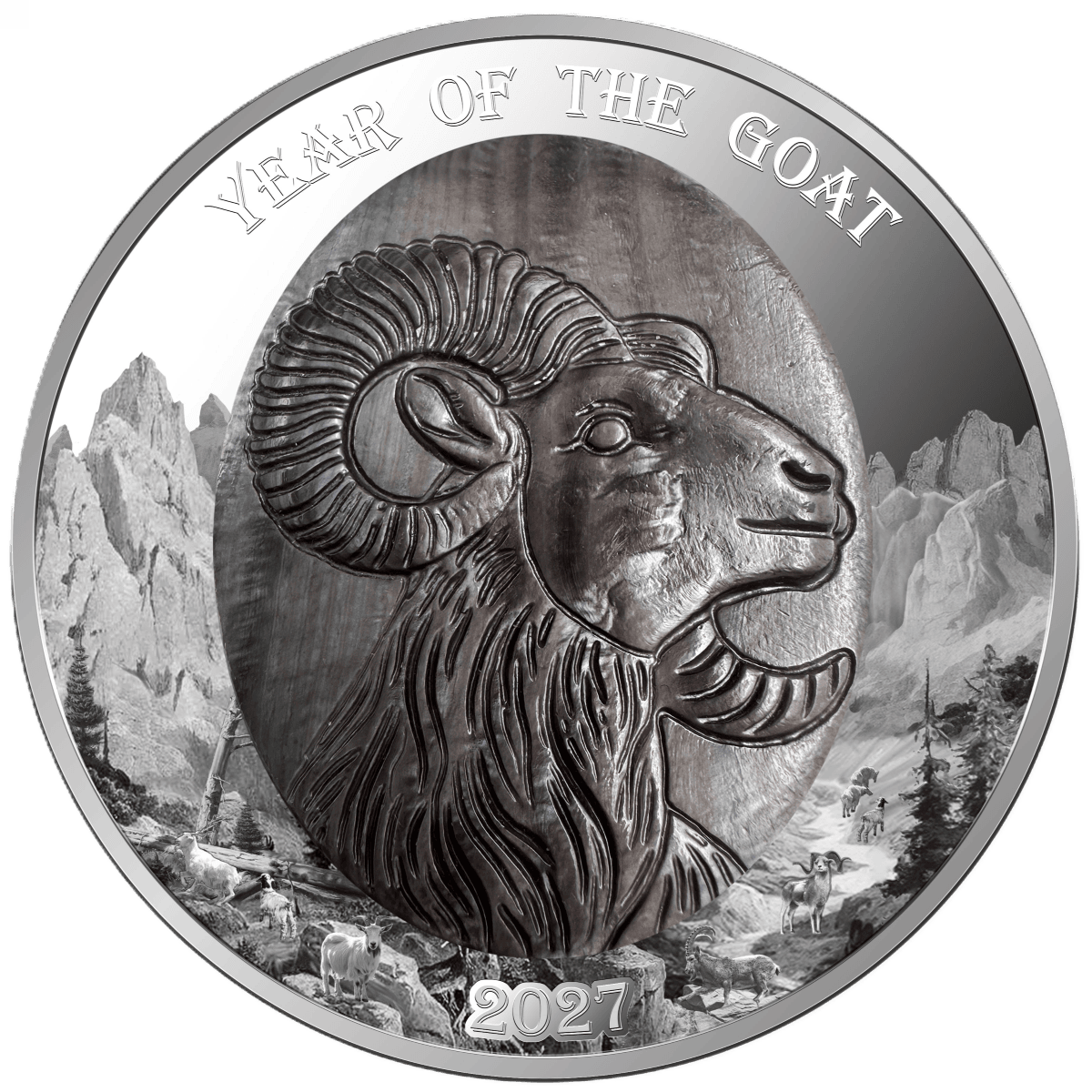 Intricate 2027 Solomon Islands Year of the Goat 5 oz silver proof coin, minted in 2027, featuring a detailed ram de.