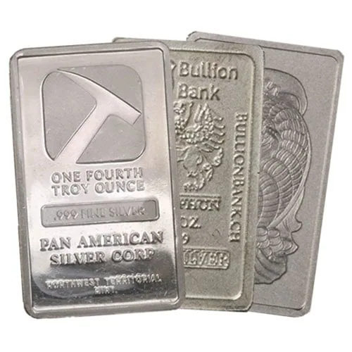 ONE FOURTH TROY OUNCE Silver Bar, 2023, Minted by Pan American Silver, 25 oz weight, front view showcasing detailed.