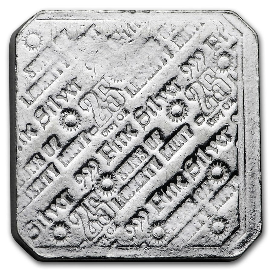 25 oz Silver Bar, 2023, Minted by XYZ Mint, angled view showcasing intricate design and weight, vintage theme, seco.