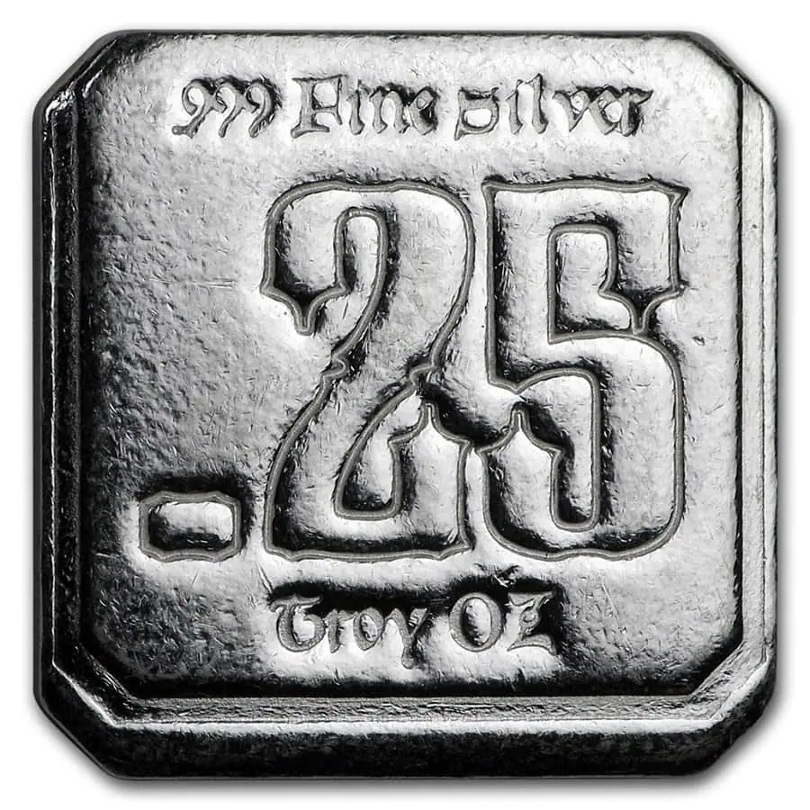 Bright angle of the 25 oz Silver Bar from 2020, minted by the Perth Mint, showcasing its weight and detailed design.