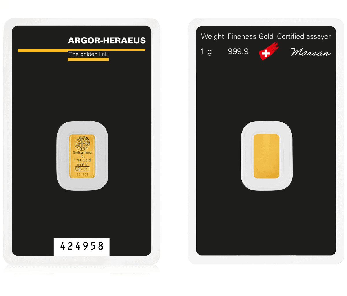 Argor Heraeus 1g gold minted classic bar in blister pack, front and back angles, produced in 2023, Swiss mint, 1 gr.