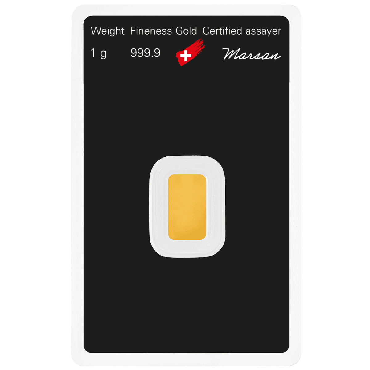 Shiny 1g Argor Heraeus gold bar in blister pack, minted in 2023, showcasing a front view with detailed certificatio.