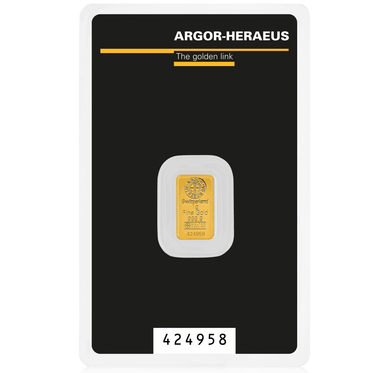 Argor Heraeus 1g Gold Minted Classic Bar in Blister Pack, front view, 2023, Swiss mint, 1 gram, with theme of gold.