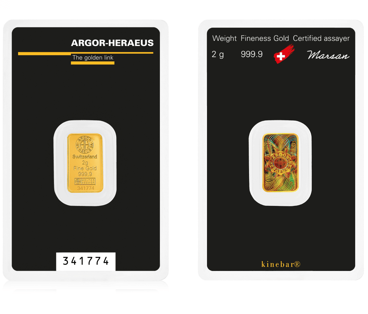 A 2g Argor Heraeus minted Kinebar gold bar in blister pack, featuring vibrant artwork, produced in 2023, showcasing.
