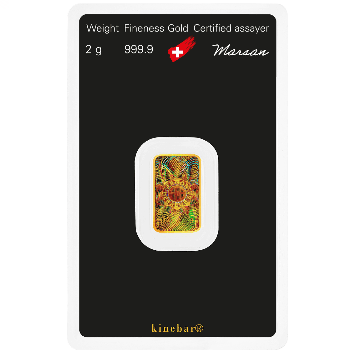 Shiny 2g gold Kinebar coin in blister pack, minted by Argor Heraeus, showcasing detailed holographic design, year 2.