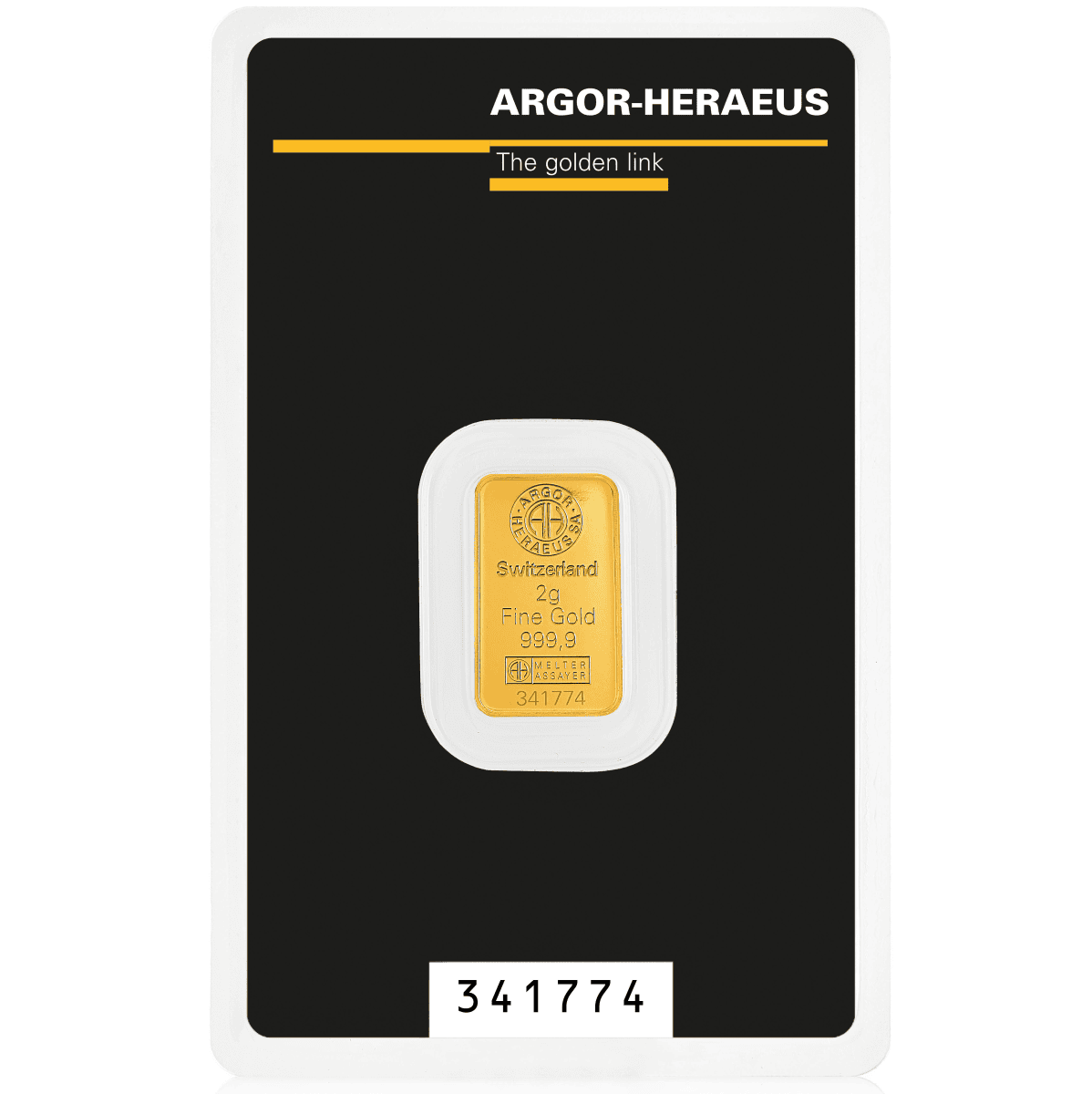 2g Gold Minted Kinebar in Blister Pack GR Reserve front, angled view, 2023, Argor Heraeus, showcasing the detailed.