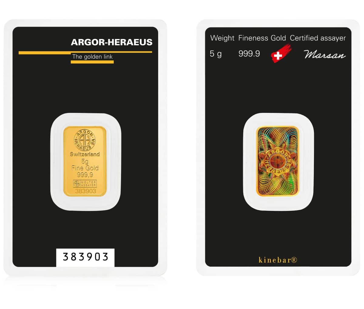 Shiny 5g Argor Heraeus gold Kinebar in blister pack, minted by Swiss manufacturer, featuring vibrant holographic de.