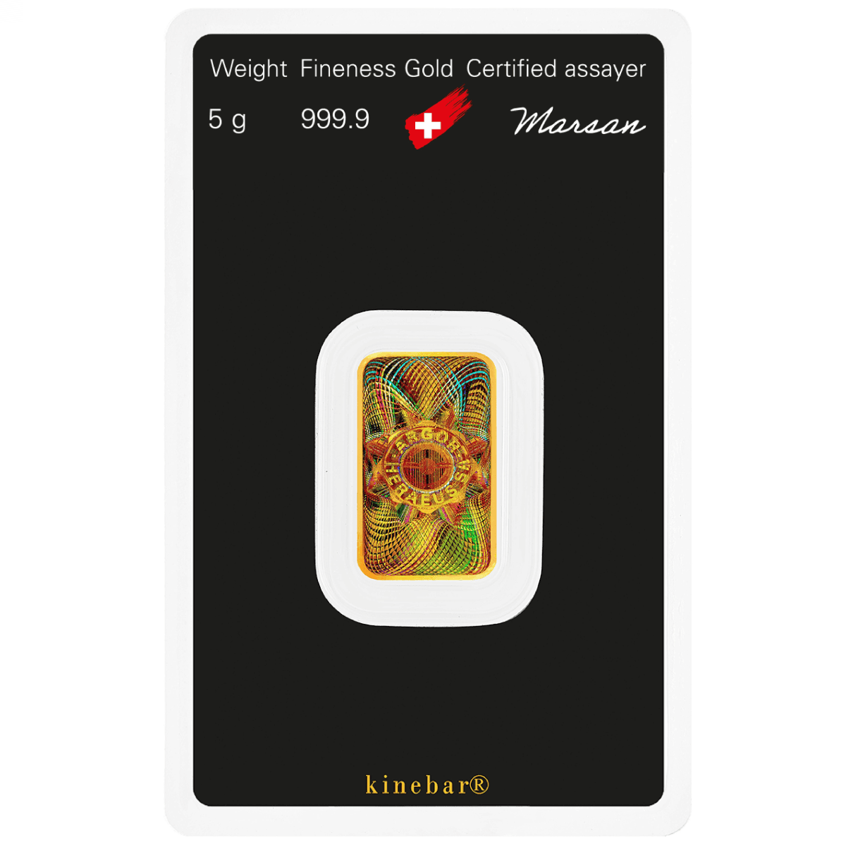 Shiny 5g Argor Heraeus Kinebar gold bar in blister pack, minted by Swiss mint, featuring holographic design, 2023,.