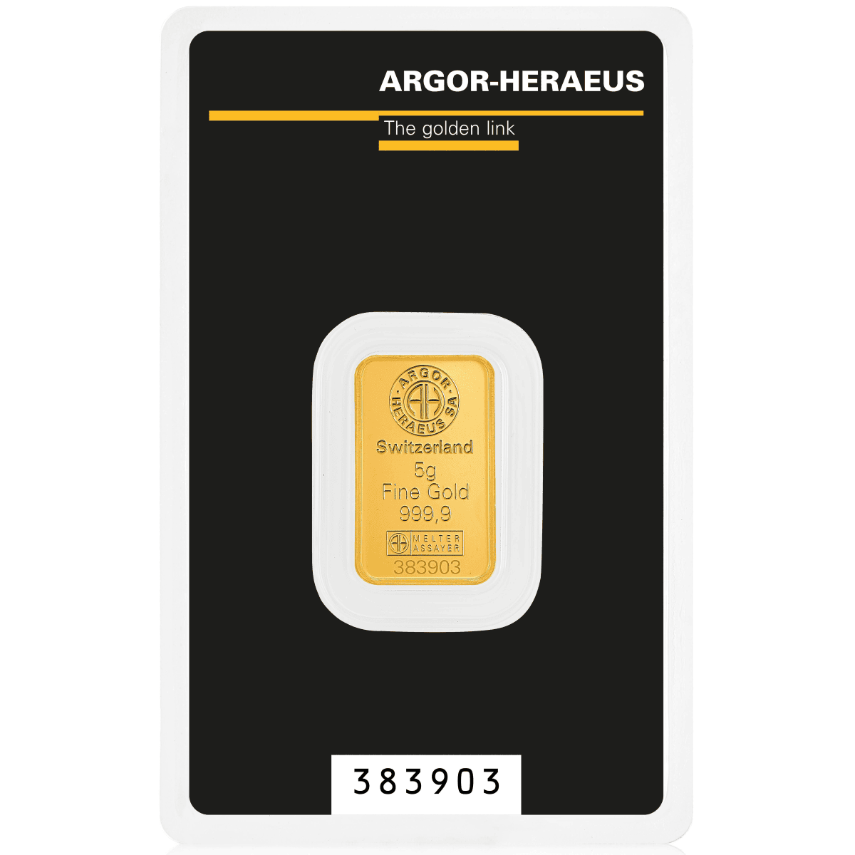 Shiny 5g Argor Heraeus gold bar in blister pack, front view, minted in Switzerland, 2023, with Kinebar theme, showc.