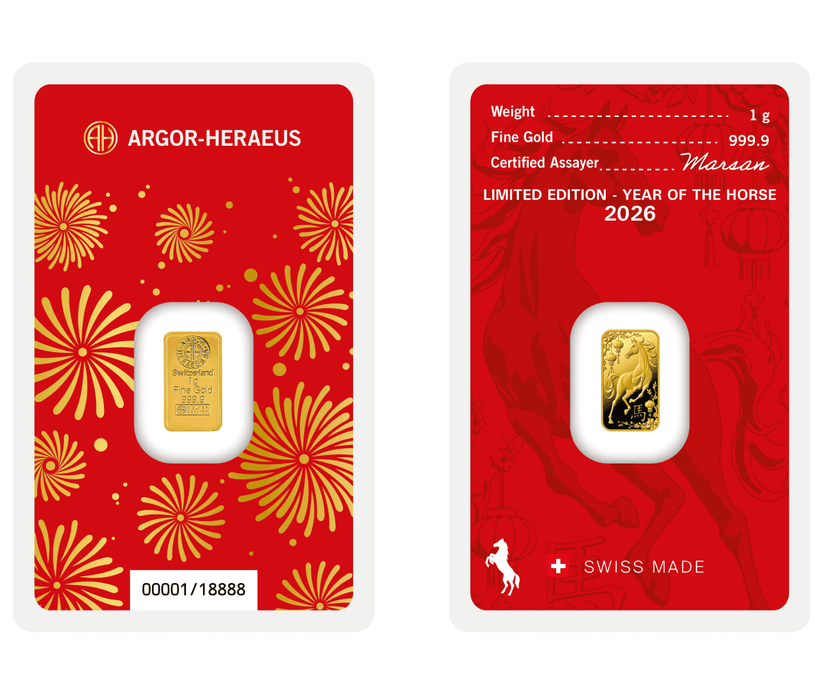 Argor Heraeus Lunar Year of the Horse 1g gold bar, front angle, 2026, made by Swiss mint, in blister pack, limited.