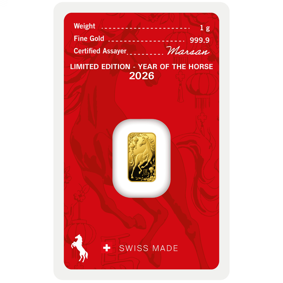 Gold minted bar featuring a horse design, 1g weight, made by Argor Heraeus, for Lunar Year of the Horse 2026, in bl.