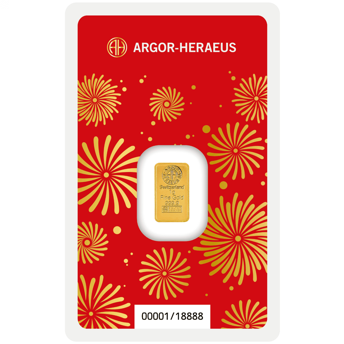 Argor Heraeus Lunar Year of the Horse 1g gold bar, front view, minted by Swiss manufacturer, in blister pack, 2023,.