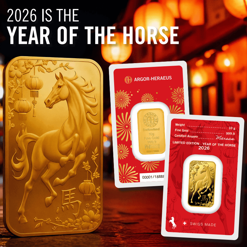 Crucial angle, 2023, Argor Heraeus, 1g gold bar, Year of the Horse theme, in blister pack, collectible gold coin.