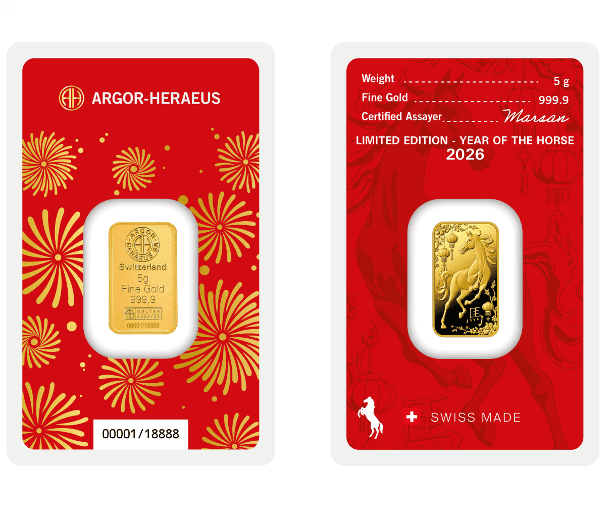 ARGOR-HERAEUS Lunar Year of the Horse 5g gold bar, minted by Argor Heraeus, in blister pack, 2026, detailed angle,.