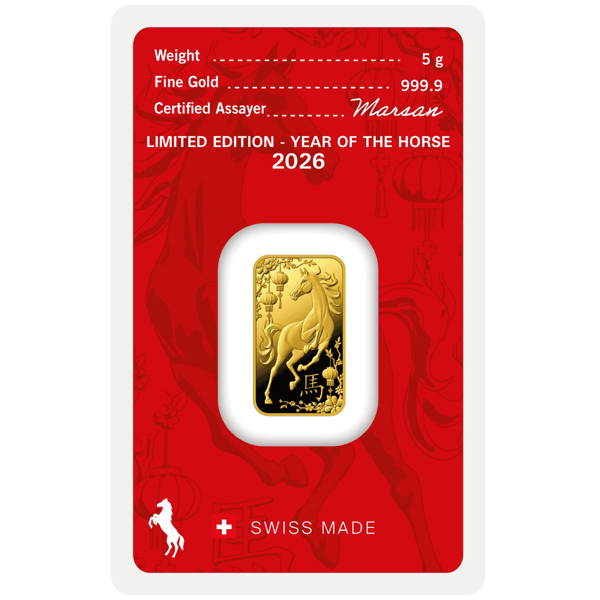 Shiny 5g gold minted bar from Argor Heraeus, Year of the Horse 2026, with detailed horse design, in a blister pack,.