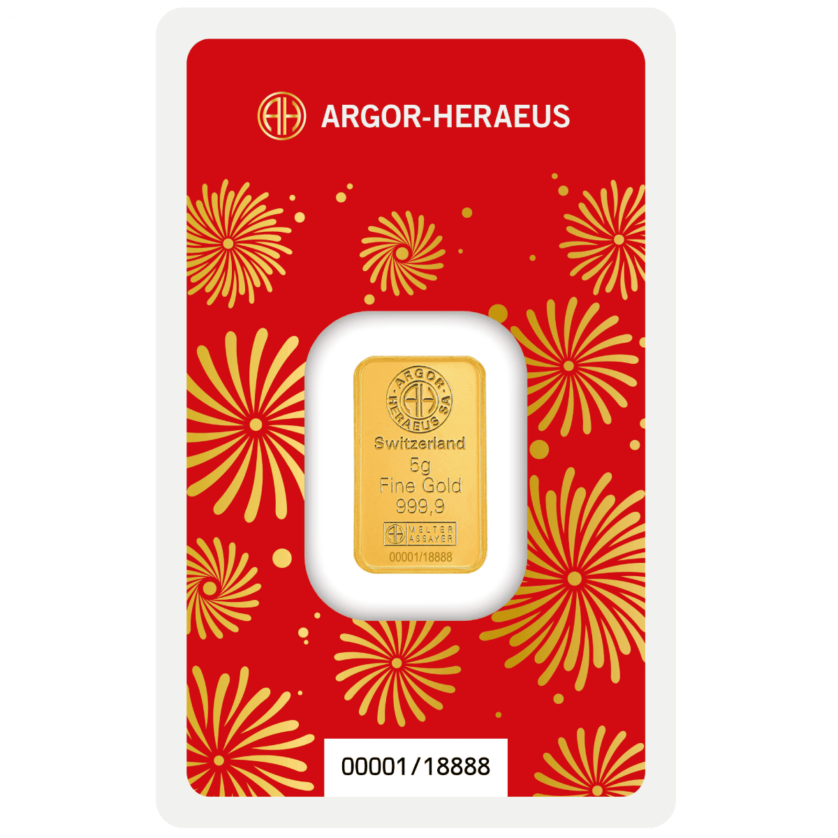 Shiny gold 5g Argor Heraeus Lunar Year of the Horse minted bar, front view, produced in 2023 by Swiss mint, in blis.
