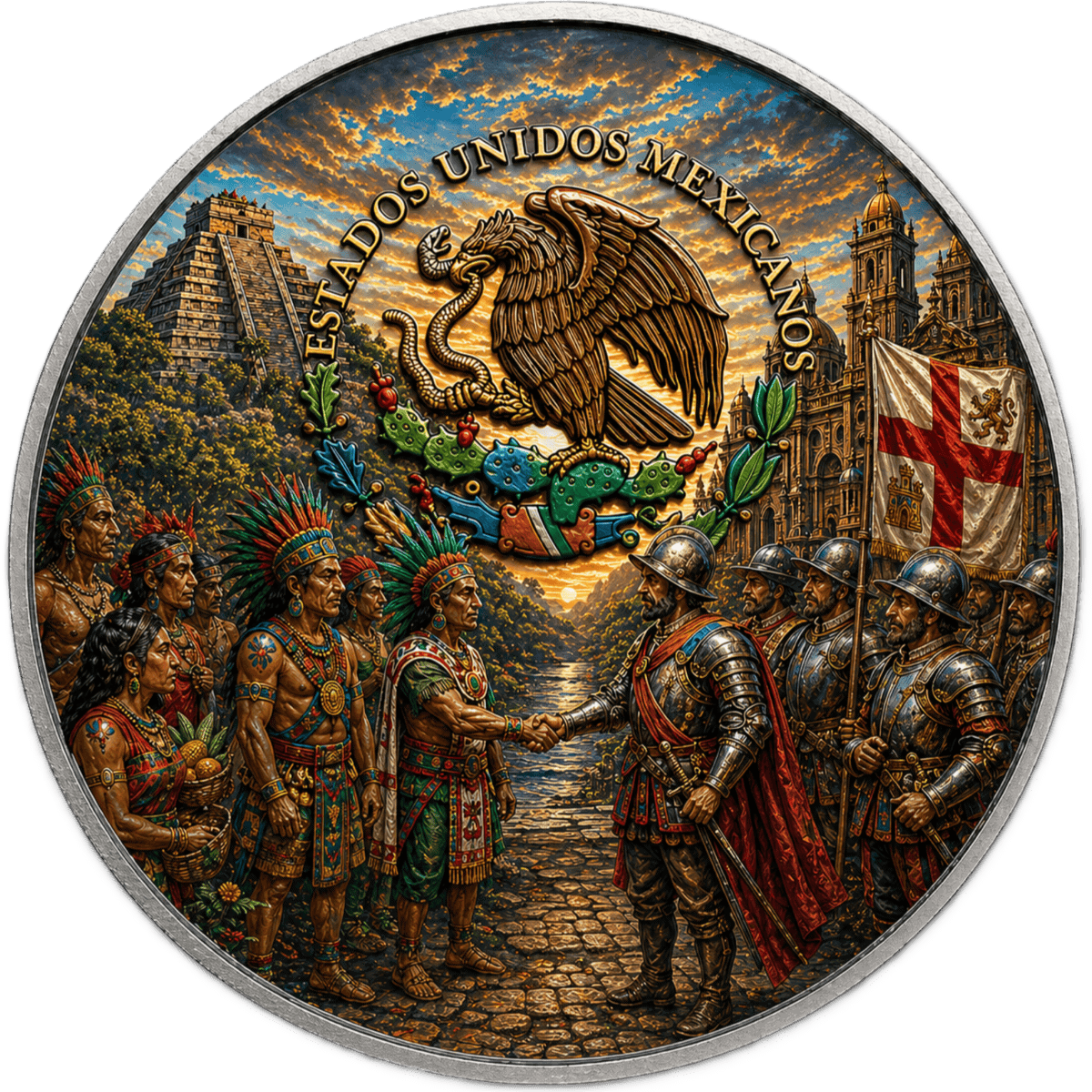 Front view of 2023 Mexican silver coin, 1 oz, minted by Casa de Moneda, featuring Aztec warriors and eagle emblem.