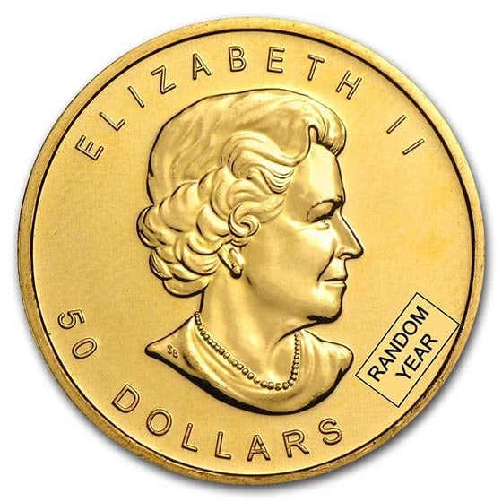 Shiny 1 oz gold coin featuring Queen Elizabeth II, minted in Canada, from a random year, showcasing a detailed side.