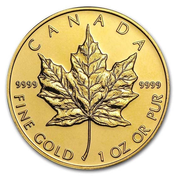 A rare 1 oz Canadian gold coin featuring a detailed maple leaf design, minted by the Royal Canadian Mint, showcasin.