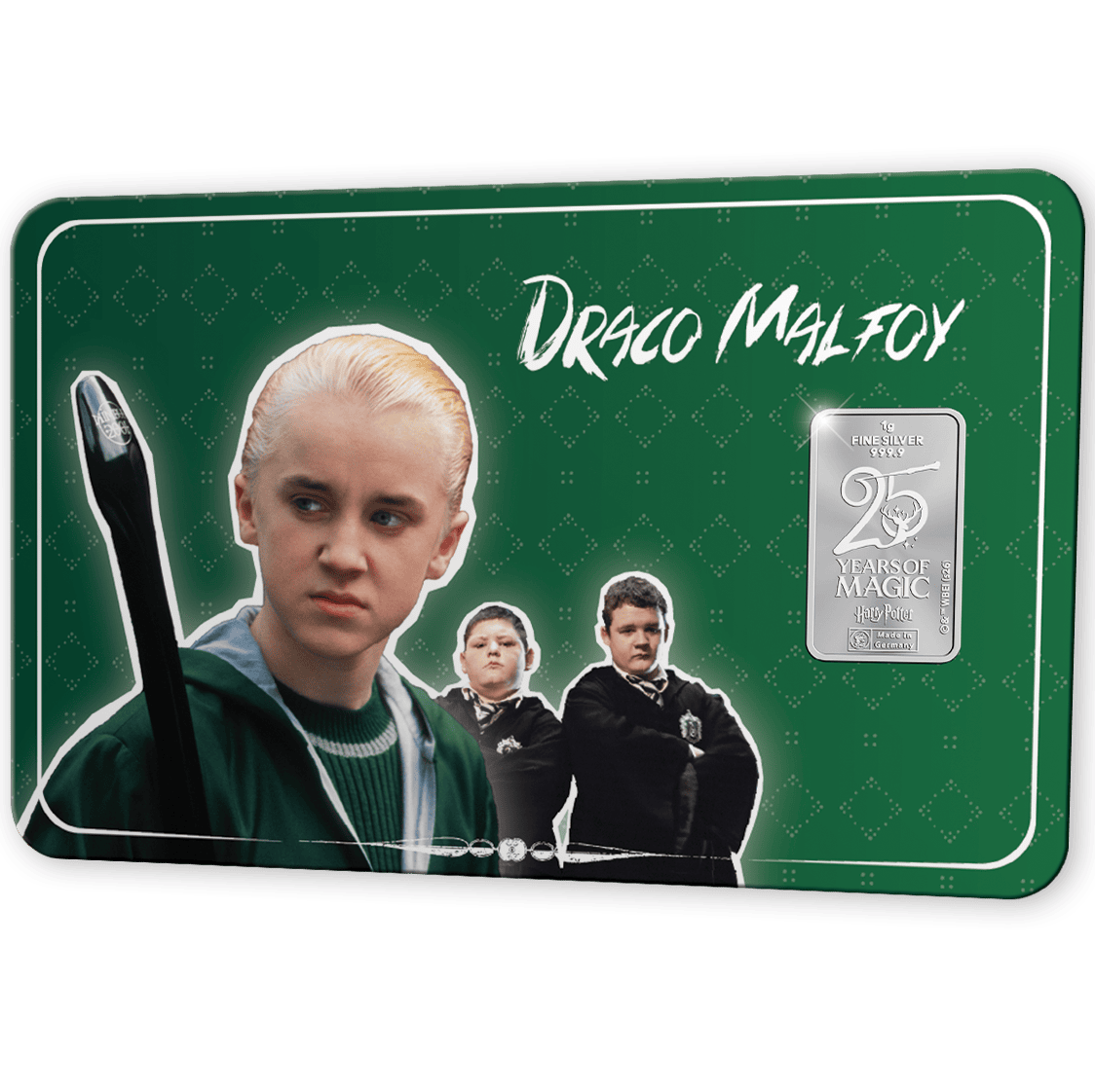 Silver Draco Malfoy coin, front view, 2023, Mint of Poland, 1 oz, Harry Potter theme, collectible metal product.