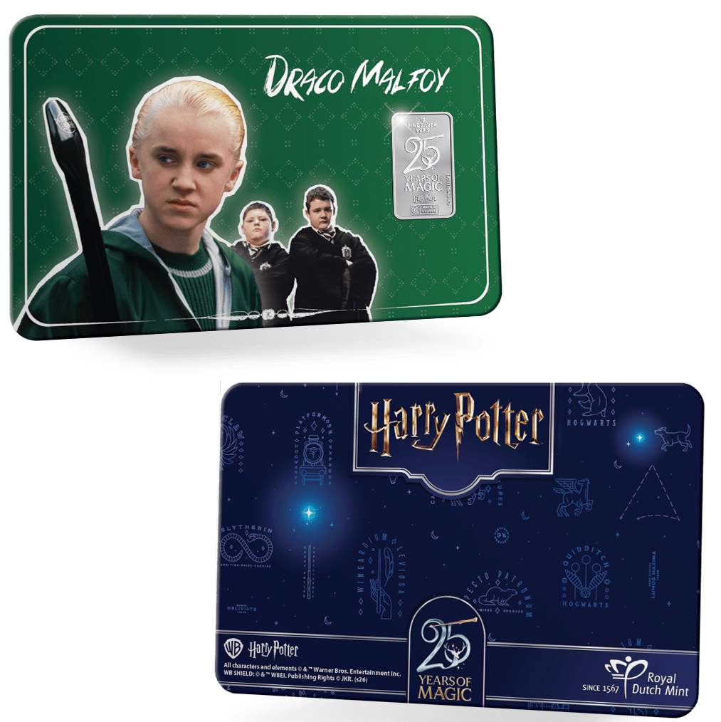 Silver collectible coin featuring Draco Malfoy from Harry Potter, minted in 2023 by KZ FineCard, 1 oz weight, angle.
