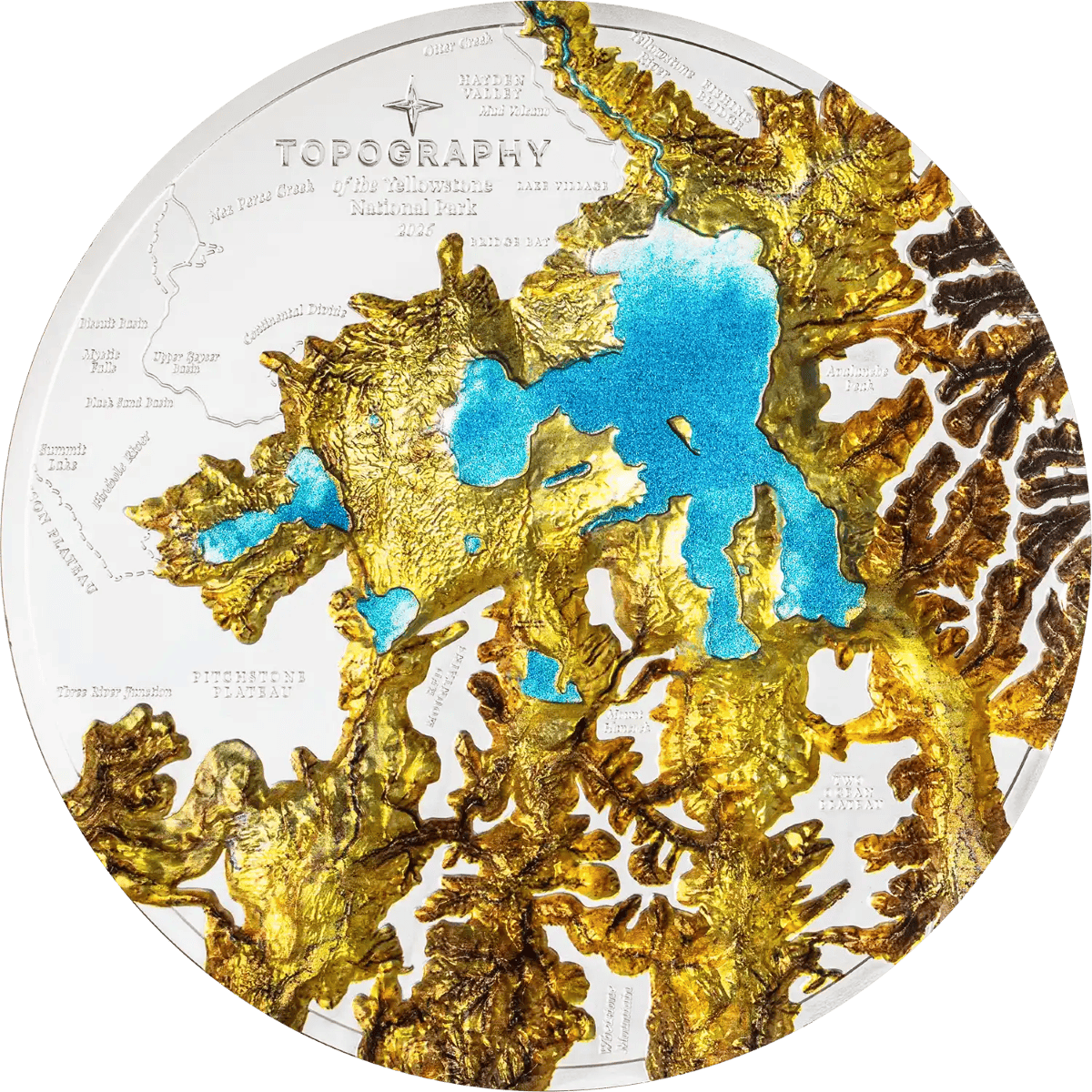 Reverse view of Yellowstone topography gold coin, 1kg, minted in 2023, detailed landscape design, perfect for colle.
