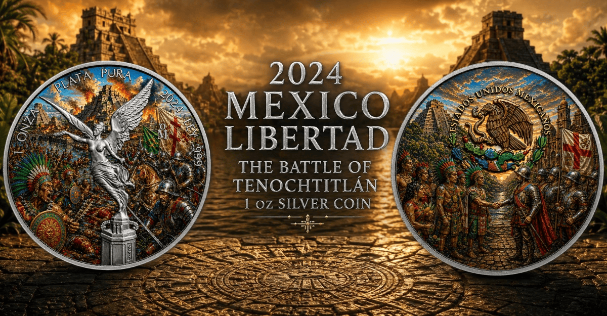 Close-up of 2024 Mexico silver coin featuring Tenochtitlán battle scene, minted in Mexico, 1 oz weight, detailed ar.