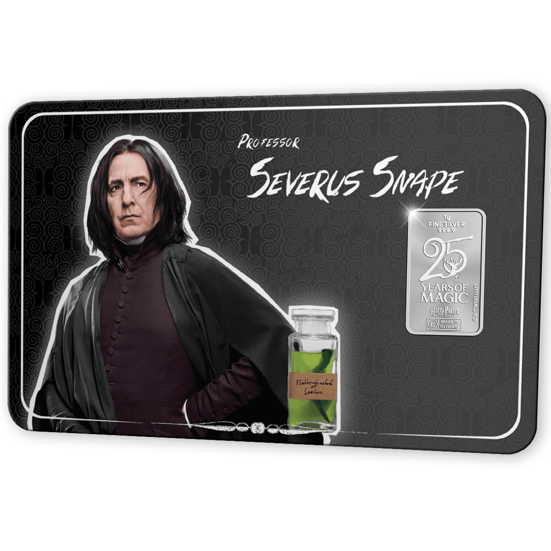 Snape VZ FineCard silver coin, front view, 2023, Royal Mint, 15g, Harry Potter theme, collectible metal product.