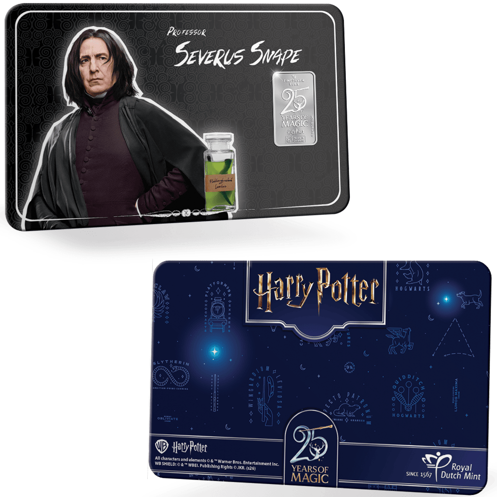 Severus Snape silver FineCard, view from front, 2023, mint by Royal Mint, 10g, Harry Potter theme, collectible silv.