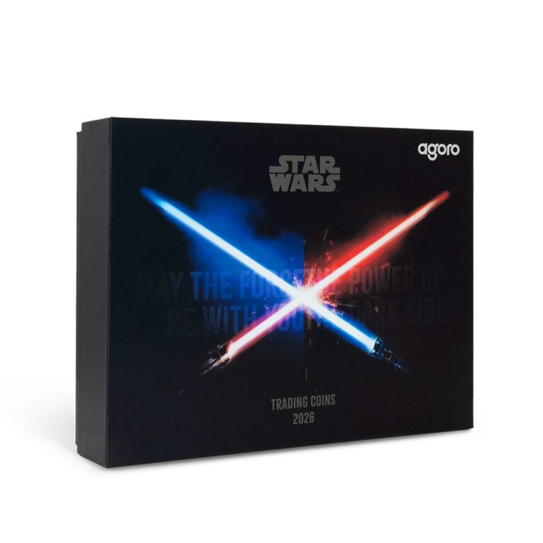 Star Wars trading coins foil case, 2026, made by Agoro, featuring two crossed lightsabers, weighs approximately 50g.