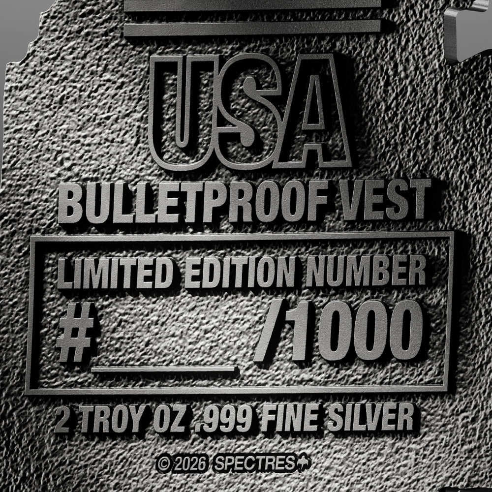 Brilliant 2 oz silver collectible featuring a bulletproof vest design, minted in 2026, with a close-up angle highli.