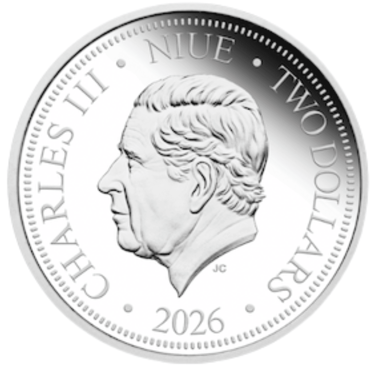 Silver coin viewed from the side, 2026, Niue mint, 2 dollars, featuring Charles III, with a classic portrait and de.