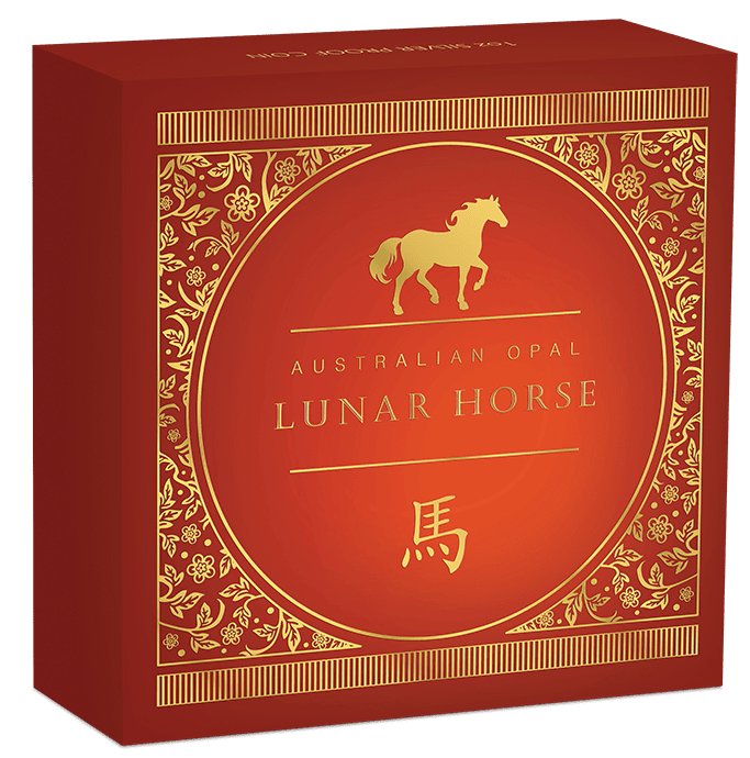 Australian Opal Lunar Horse 1 oz Silver Proof Coin GR Reserve Box, front view, 2023, Perth Mint, 1 oz weight, detai.