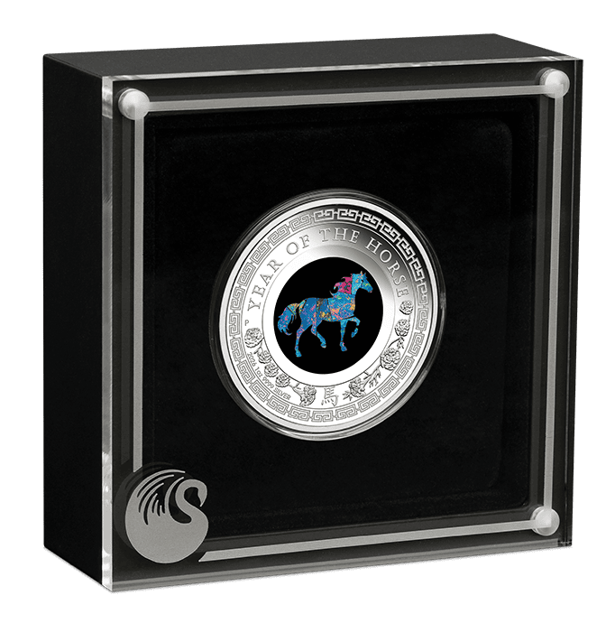 Shiny Year of the Horse 1 oz Silver Proof Coin in GR Reserve display, showcasing intricate design and vibrant color.