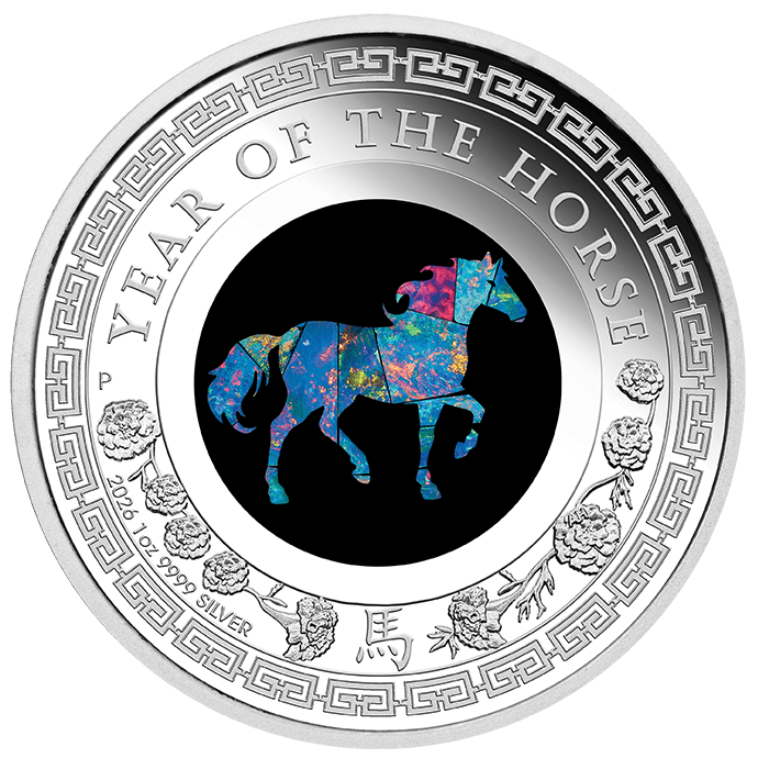 The front view of the Year of the Horse 1 oz Silver Proof Coin, 2023, minted by the Perth Mint, featuring a detaile.
