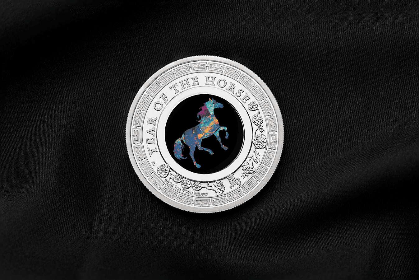 The image shows a Year of the Horse 1 oz Silver Proof Coin GR Reserve, viewed from a top angle, minted in 2023, wei.