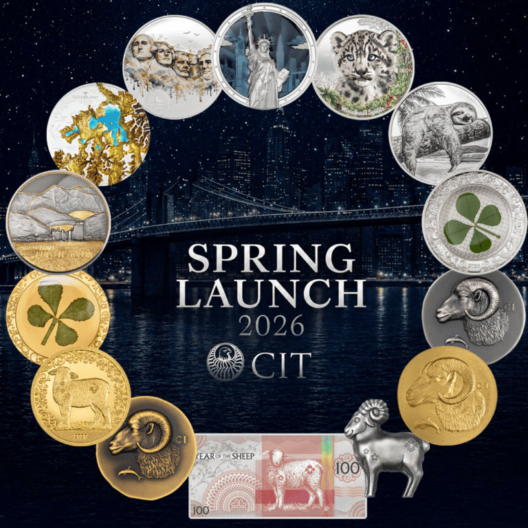 Close-up of a 2026 minted silver coin, viewed from a slight angle, weighing 1 oz, featuring spring-themed designs b.
