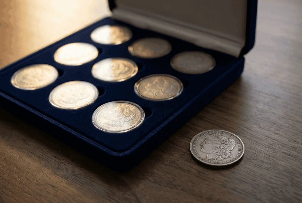Complete Morgan silver dollar set in a velvet display case with one coin removed and placed on the desk.